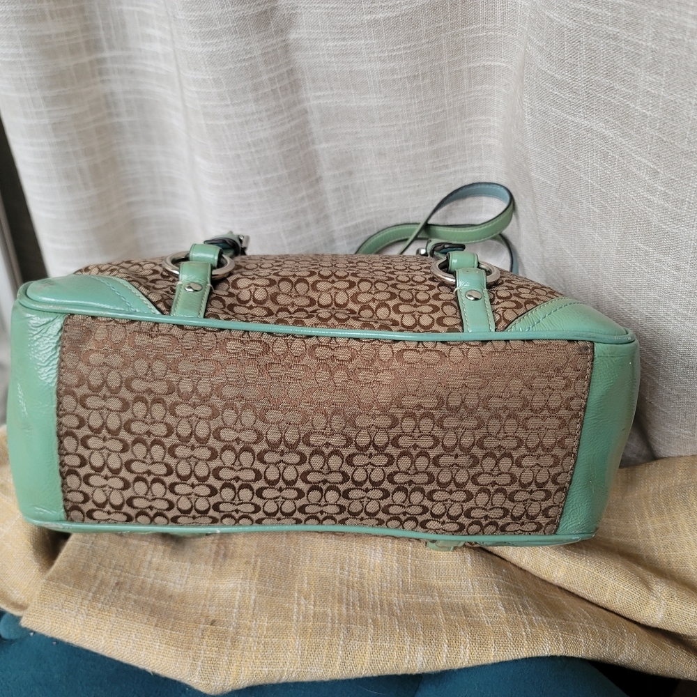 Coach Brown Signature Canvas Tote with Mint Trim and Straps - Picture 4 of 12
